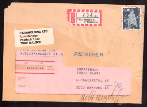 Eingeschriebene Päckchen-/Nachnahmehülle mit 500-Pf-Marke