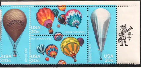 1983 Hot Air Ballooning se-tenant block – Mr. ZIP selvage