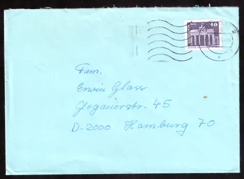 Blauer DDR-Brief mit 40-Pf-Marke „Brandenburger Tor“