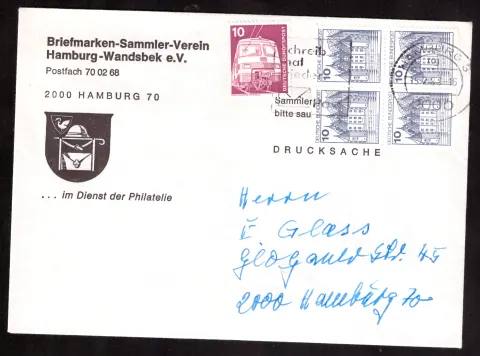 Philatelic-club printed matter with five 10-pfennig stamps