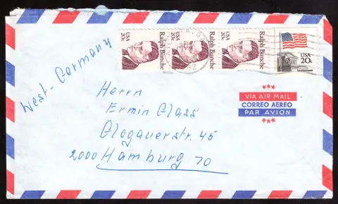 US-Luftpostbrief nach Hamburg mit vier Marken