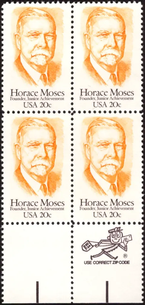 1984 Horace Moses / Junior Achievement Block von vier – Mr. ZIP / VERWENDUNG korrekter ZIP-CODE-Selvage