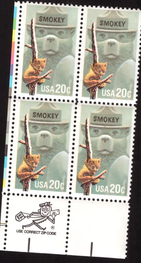 1984 Smokey Bear Block von vier – Mr. ZIP, Registrierlinien und Farbbalken