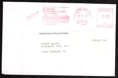 Drucksache der Öffentlichen Bausparkasse Hamburg mit Freistempel
