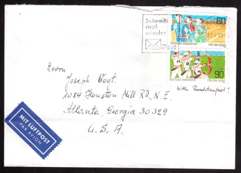 Luftpostbrief nach Atlanta mit Kinderzeichnungen-Marken