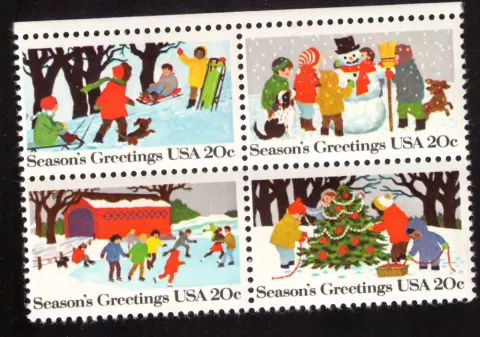 1982 Seasons Greetings se-tenant block of four