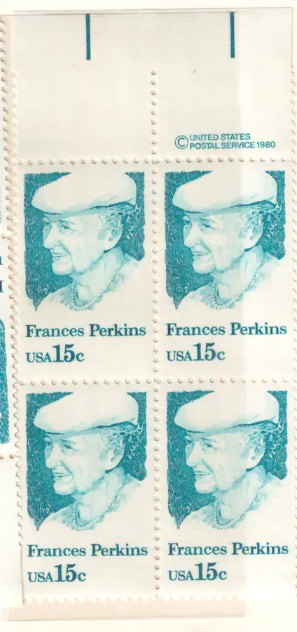 Frances Perkins – Viererblock mit oberer Copyright-Selvage