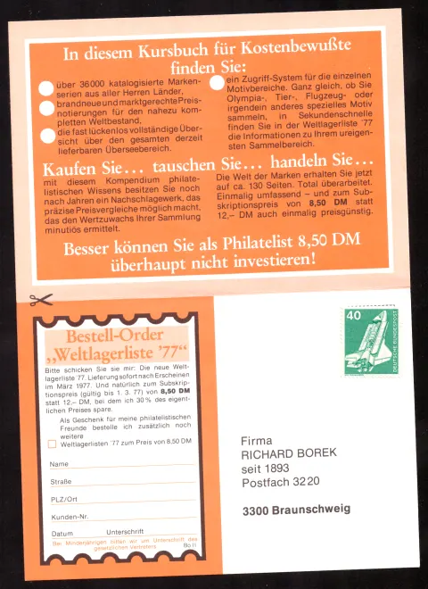 Gefaltete Richard-Borek-Werbekarte „Weltlagerliste ’77“