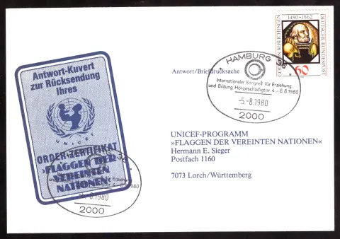 UNICEF-Antwortbrief mit Hamburger Sonderstempel 1980