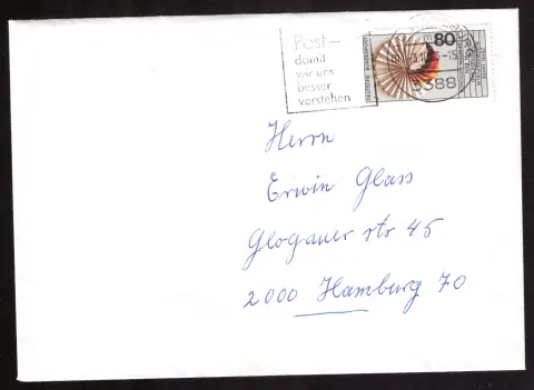 Brief nach Hamburg mit 80-Pf-Marke und Postwerbestempel