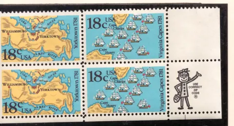 Battles of Yorktown and Virginia Capes – se-tenant margin block of 4