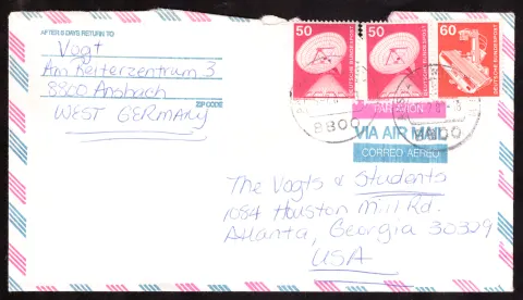 Luftpostbrief nach Atlanta mit drei Technikmarken