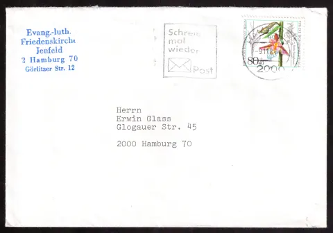 Brief der Friedenskirche Jenfeld mit West-Berliner Wohlfahrtsmarke