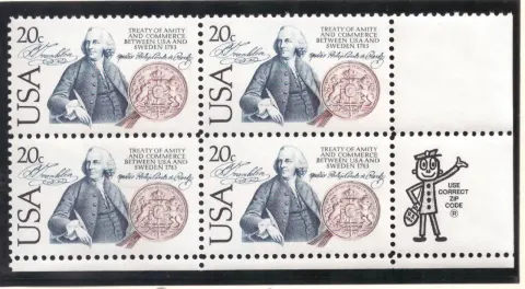 USA-Schweden Treaty of Amity Block von vier — Mr. ZIP-Selvage