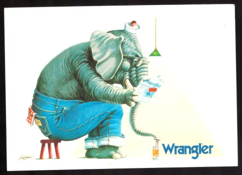 Wrangler-Werbepostkarte mit Elefant als Zahnarzt