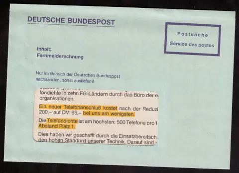 Official “Postsache” telecommunications-bill cover