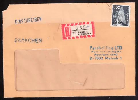 Eingeschriebene Päckchenhülle von ParaHolding mit 500-Pf-Marke