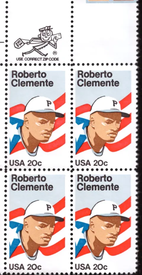 1984 Roberto Clemente Block von vier - Mr. ZIP / VERWENDUNG korrekter ZIP-CODE-Selvage