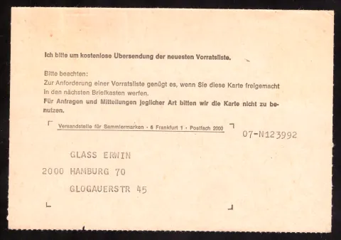 Vorratslisten-Anforderung an die Versandstelle für Sammlermarken