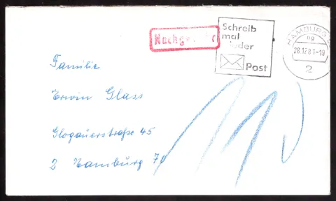 Brief an Familie Glass mit Nachgebührstempel