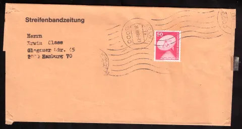 Streifenbandzeitung mit 50-Pf-Marke „Erdefunkstelle“
