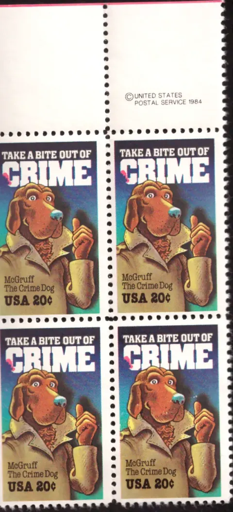 1984 Kriminalitätsprävention - McGruff Block von vier - USPS Copyright-Selvage