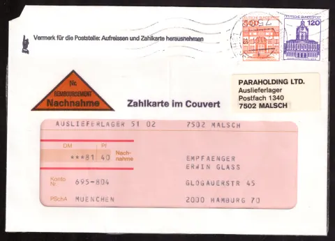 Nachnahmebrief von ParaHolding mit 420-Pf-Frankatur