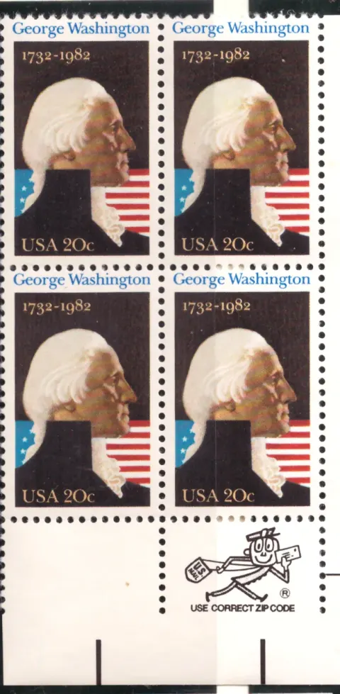 George Washington 250th Birth Anniversary block of four — Mr. ZIP selvage