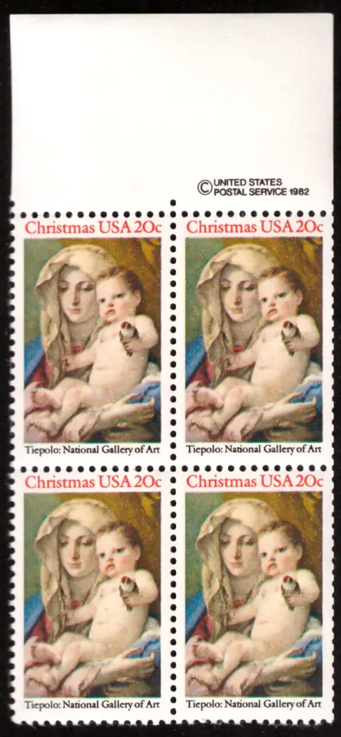 Коледа: Tiepolo Madonna и Child блок на четири. copyright selvage