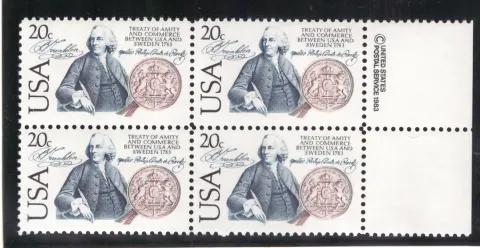 Viererblock USA-Schweden Treaty of Amity - Copyright-Selvage