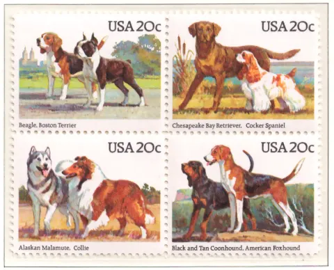1984 Hunde se-tenant Block von 4