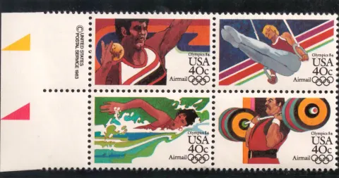1983 Olympics '84 airmail se-tenant block – copyright selvage