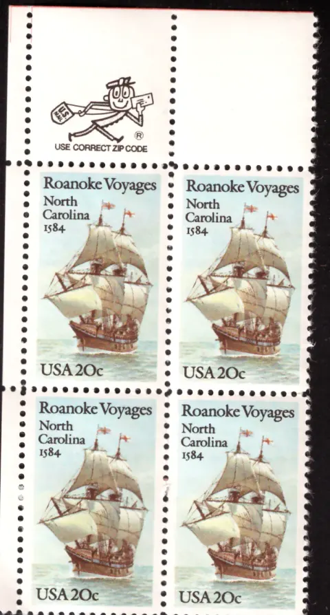 1984 Roanoke Voyages Block von vier – Mr. ZIP / VERWENDUNG korrekter ZIP-CODE-Selvage