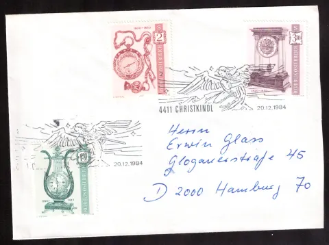 Christkindl 1984 cover with three Austrian clock stamps