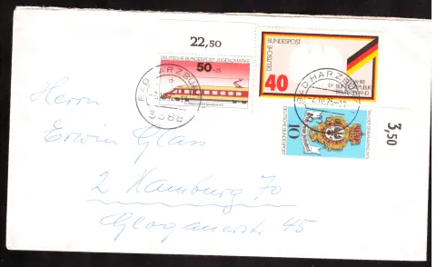 Mischfrankatur mit Elektrotriebzug und Gedenkmarken