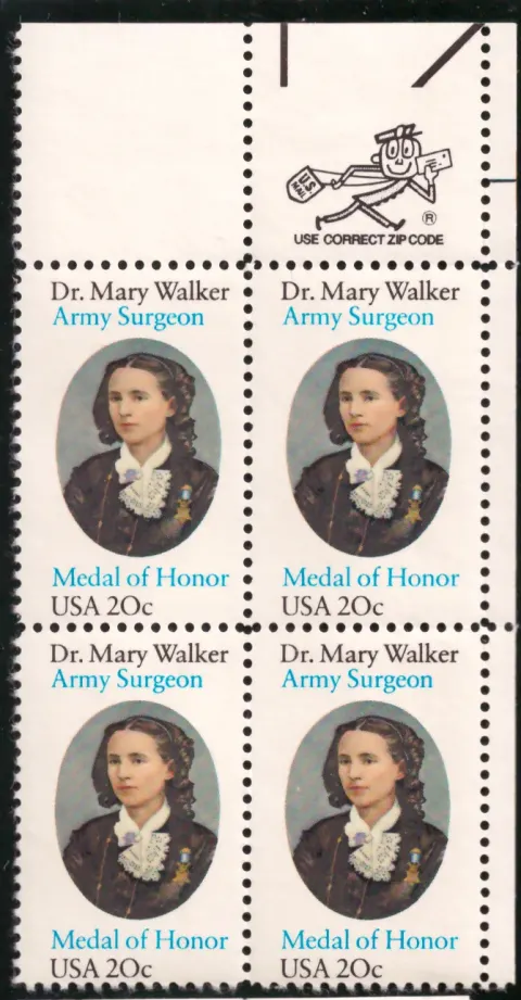 Dr. Mary Walker Medal of Honor block of four — Mr. ZIP selvage