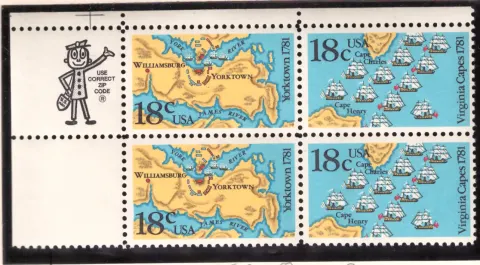 Battles of Yorktown and Virginia Capes – se-tenant margin block of 4