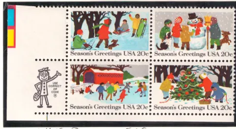Seasons Greetings se-tenant block — Mr. ZIP und Color Bar Slvage