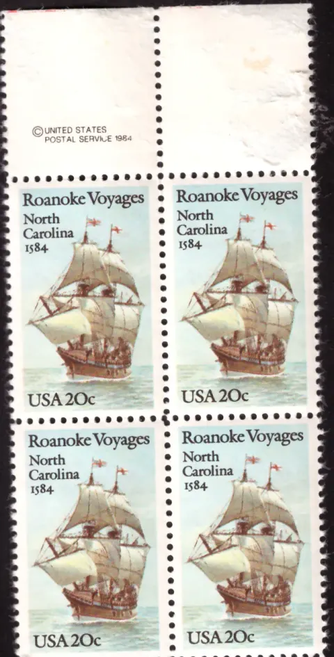 1984 Roanoke Voyages Block von vier – USPS Copyright Selvage