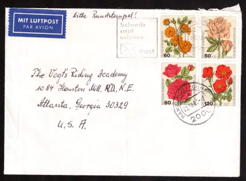 Luftpostbrief nach Atlanta mit vier Blumenmarken