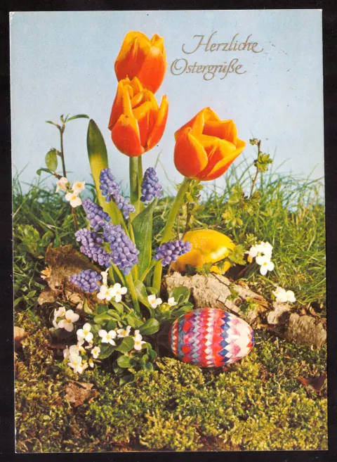Ostergruß mit Tulpen und Ei