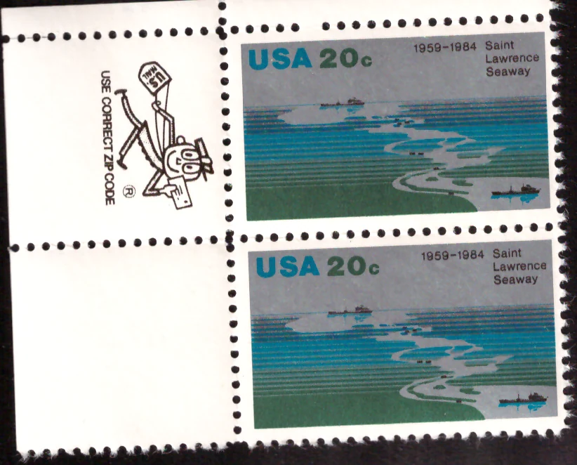 1984 Saint Lawrence Seaway pair – Mr. ZIP / USE CORRECT ZIP CODE selvage