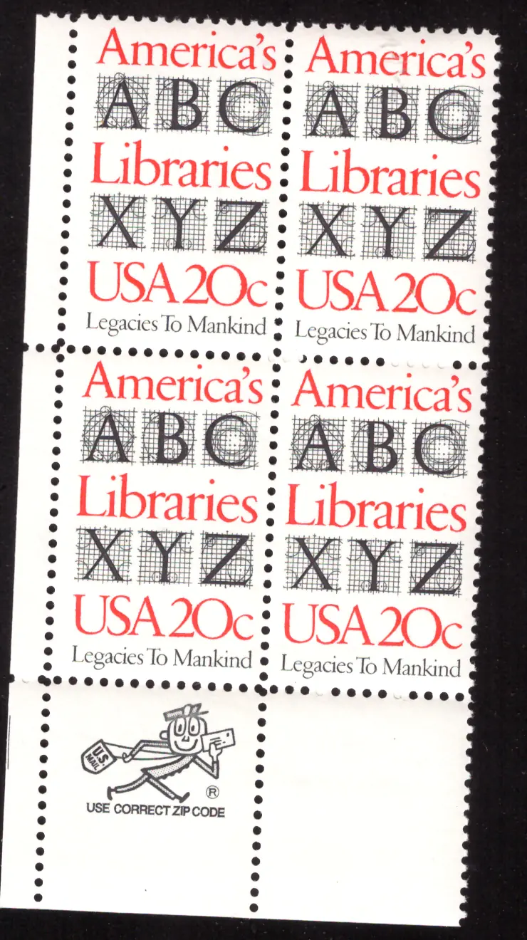 Amerikas Bibliotheken Block von vier — Mr. ZIP-Selvage