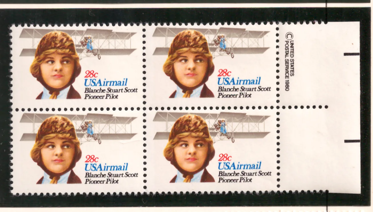 Blanche Stuart Scott – copyright margin airmail block of 4