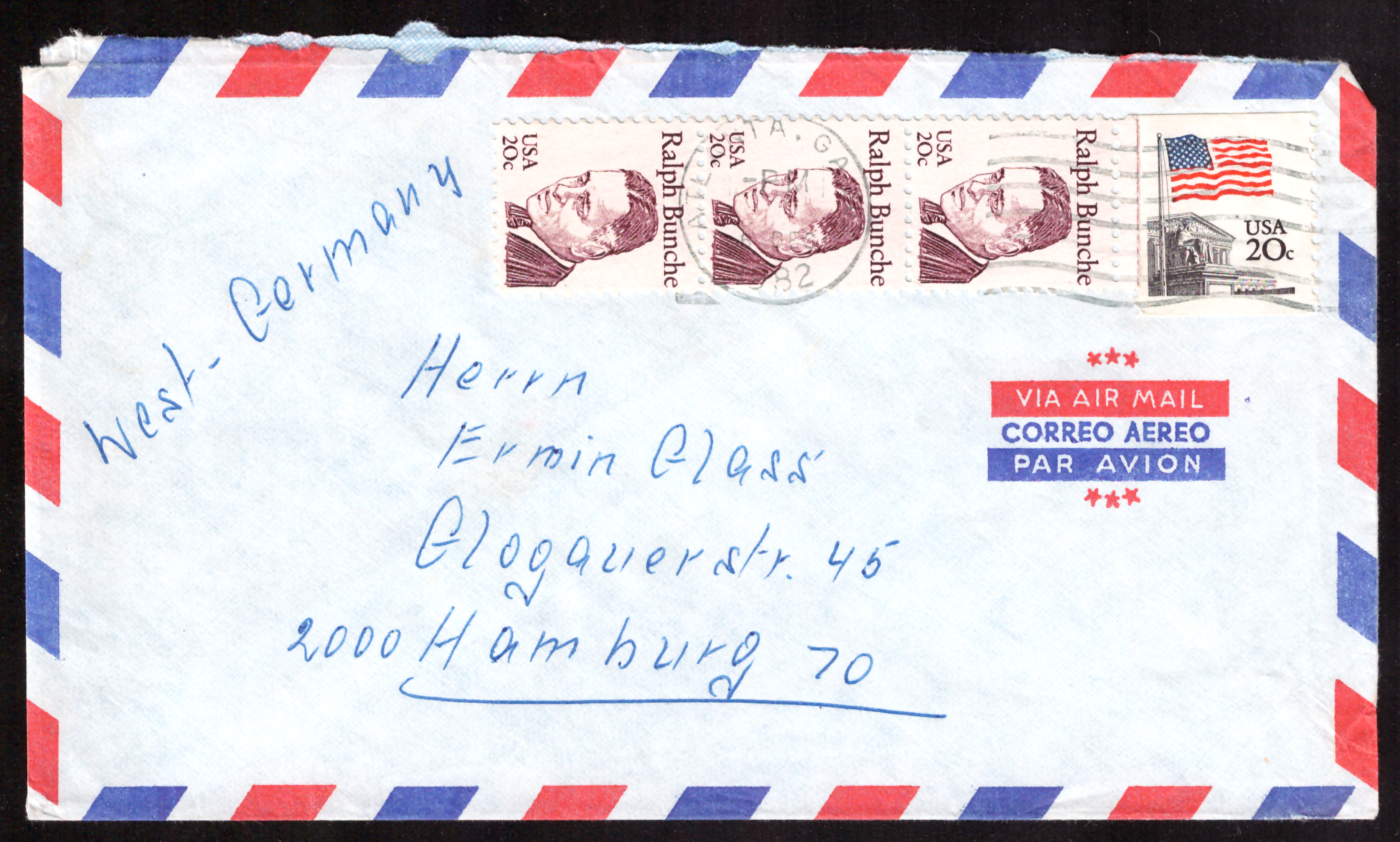 US airmail cover to Hamburg with four stamps