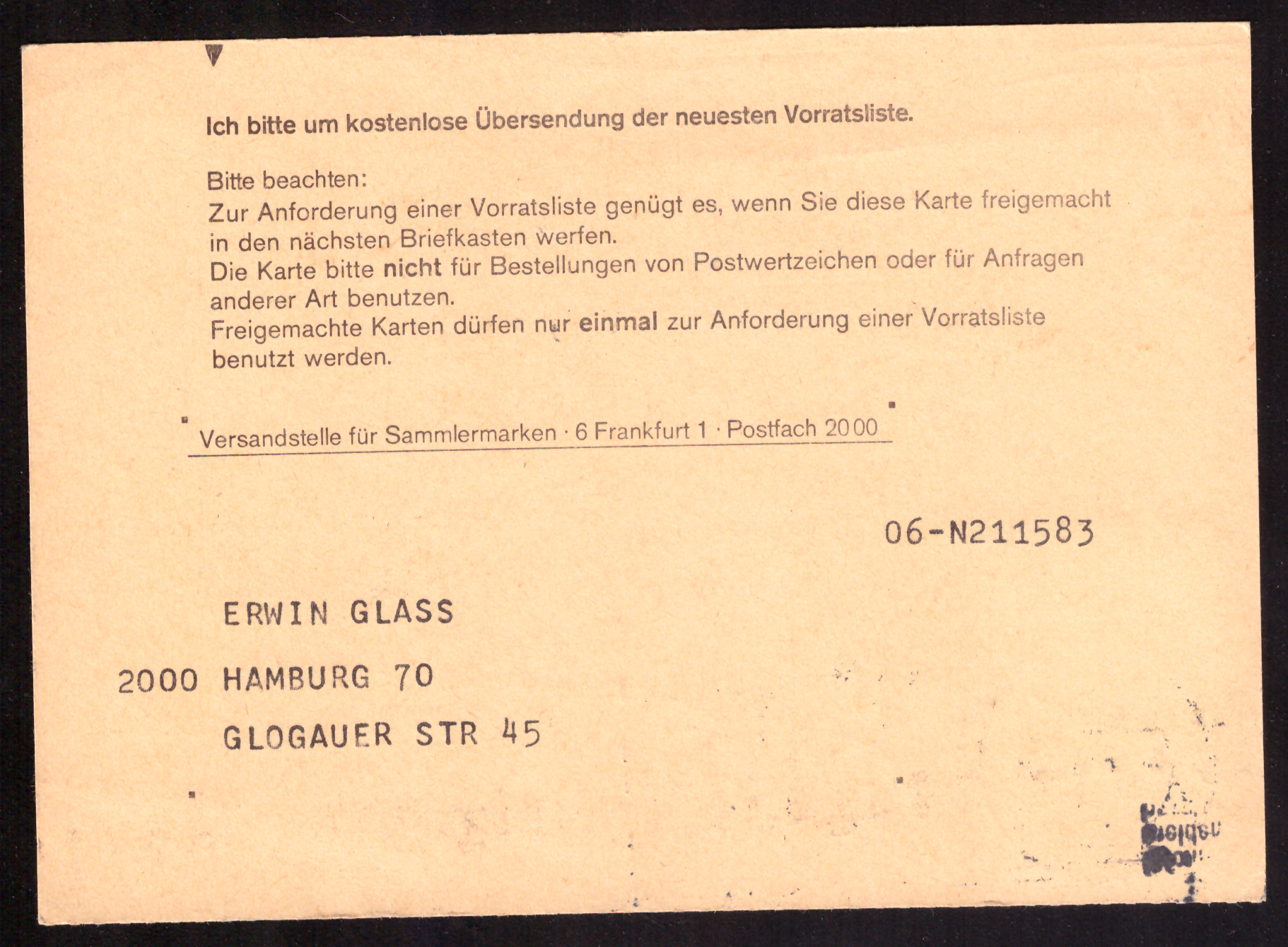 Philatelic stock-list request form postcard
