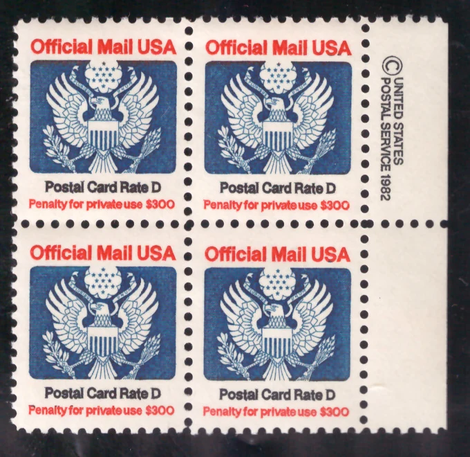 1985 Official Mail – Postal Card Rate D block of 4