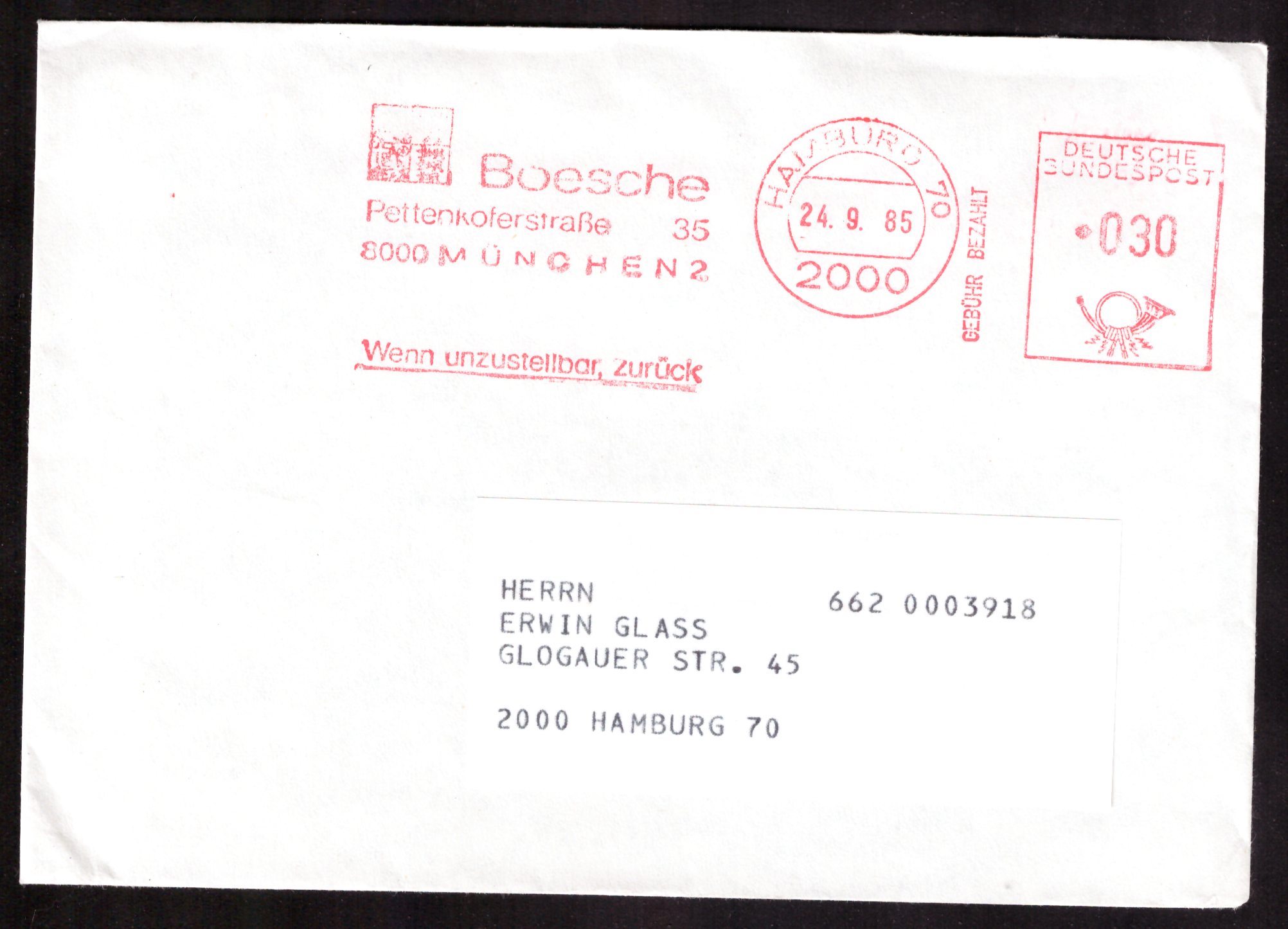 Boesche business cover with 30-pfennig meter franking