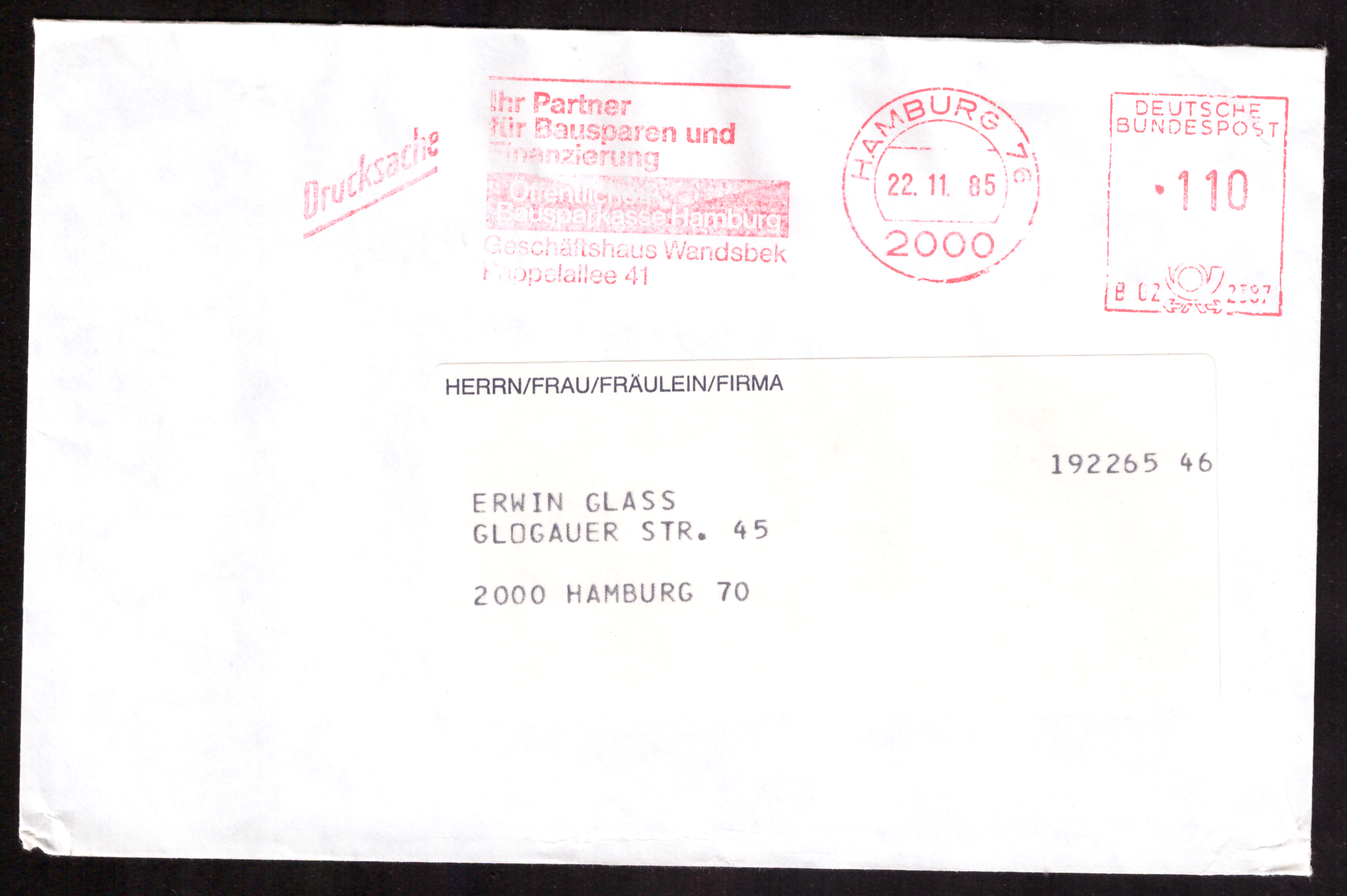 Drucksache на Öffentliche Bausparkasse Hamburg с машинна франкировка