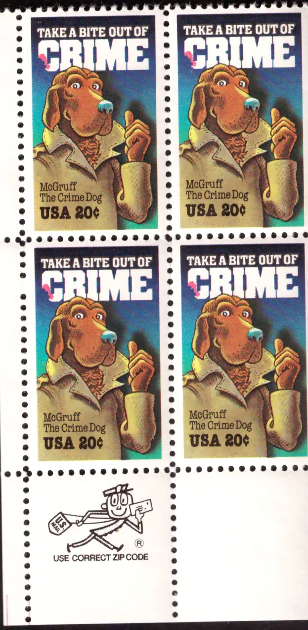 1984 Crime Prevention – McGruff block of four – Mr. ZIP / USE CORRECT ZIP CODE selvage